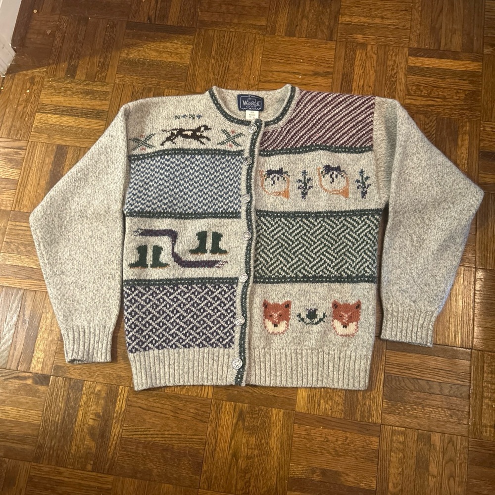 Vintage Woolrich Gray Wool Blend Cardigan Sweater Dog Fox Novelty